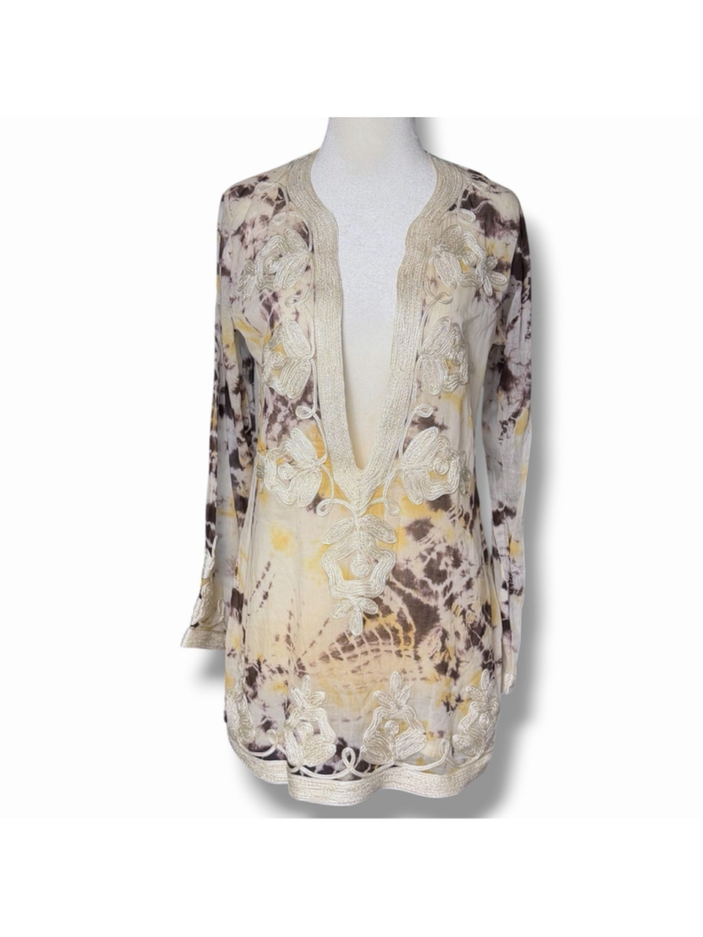 TAJ by Sabrina Crippa Floral Embroidered Tie Dye Tunic Top S Deep V GORGEOUS Tan